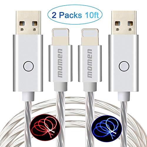 iPhone Charger Cable 10ft, momen LED iPhone Charging Cord with Switch Button, Compatible with iPhone 12/11/11 pro/11 pro max/X/8/8 Plus/7 Plus/7/6s/6 Plus, iPad (2 Packs)