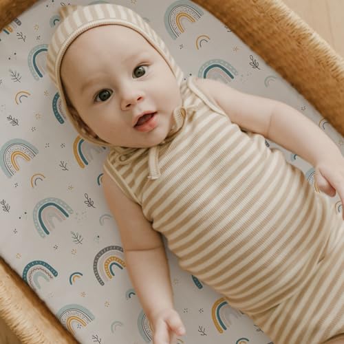 Image of Stretch Fitted Bassinet Sheet Set BROLEX 2 Pack Cradle Sheets for Bassinet Pad /Mattress,Unisex Boys Girls,Ultra Soft,Rainbow Stars
