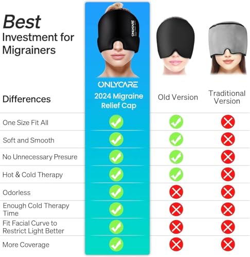 Image of ONLYCARE Migraine Relief Cap, Soothing Headache Relief Cap, Upgraded Odorless Gel Ice Head Wrap, Hot and Cold Therapy, Headache Ice Pack for Tension and Stress(Pink & Black 2 Pack)