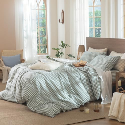 Image of MooMee Gingham Duvet Cover Set 100% Washed Cotton Linen Like Textured Breathable Durable Soft Comfy Modern Checkered Design (Sage Green Gingham, Queen 90 inchx90 inch)