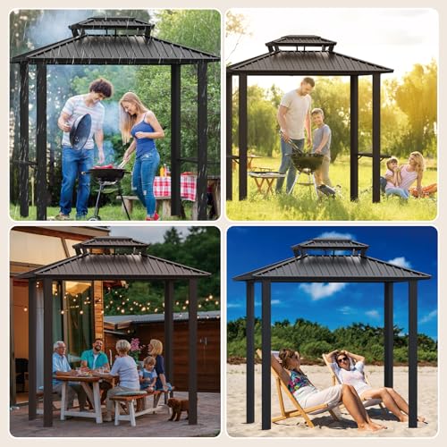 Image of Hoteel 6x8ft Grill Gazebo Hardtop with 2 Side Shelves, Outdoor BBQ Gazebo with Galvanized Steel Double Roof for Patio Backyard Garden,Black