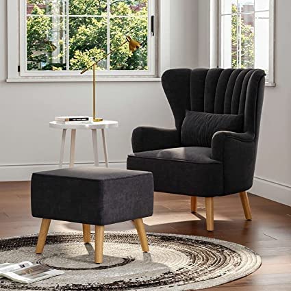 Armchair with Footstool Chair with Solid Wood Legs for Living Room Bedroom |Single Seater Sofa Armchair |Luxury Chair (Black)