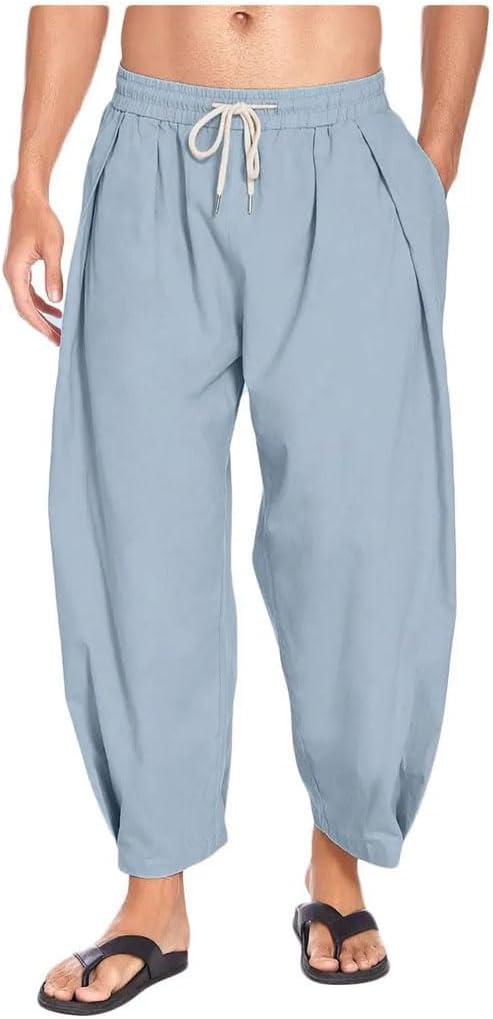 Generic Men's Cotton Hemp Harlan Pants Drawstring Capris Lightweight Loose Beach Yoga Pant Belt Pocket Trousers