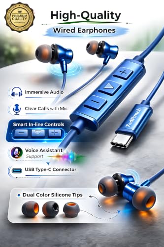 Image of Gaming Type-C Wired Earphone with Mic, 10mm Dynamic Bass Driver, Magnetic in-Ear Headphones, Low Latency Sound for Gaming, 1 Button Control, HD Calling, Voice Assistant, (Royal Blue)