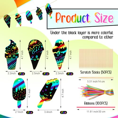 Fuutreo 100 peças de raspadinhas de sorvete, cores arco-íris, ornamentos de arranhões, kits de artes