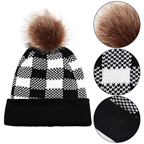Obmwang Winter Warm Set Christmas Plaid Knitted Beanie Hat Gloves And Plaid Scarf For Women And Men thumb #2