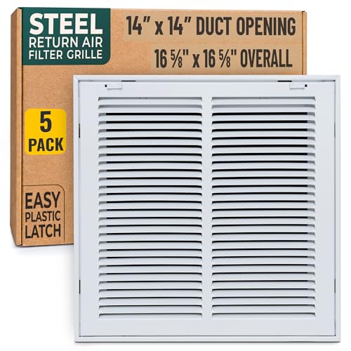 [5 Pack] Fits 14x14 Duct Opening | Steel Return Air Filter Grille by Handua [Removable Door] for 1-inch Filters | Vent Cover Grill | White | Easy-to-Use Plastic Latches | Out Dim: 16 5/8"W X 15 5/8"H