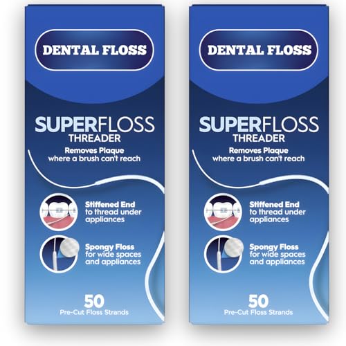 Superfloss Dental Super Floss Threader 50 Pre-Cut Strands Pack of 2 Ideal Oral Floss for Braces Bridges and Wide Spaces 100 Strands in Total Mint