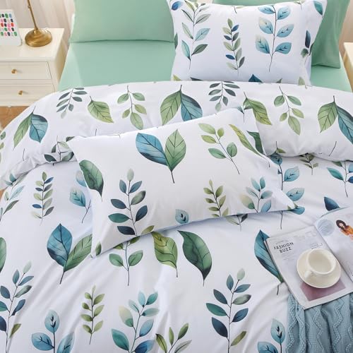 Image of MUXHOMO Grey Green Foliage Full Comforter Set, Elegant Floral Print Bed in a Bag 7 Pieces, Soft & Breathable Reversible Botanical Pattern Bedding Set with Comforter, Sheets, Pillowcases, and Shams
