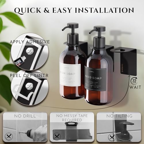 Wall Mount Soap Dispenser Holder, 2 Pack – 304 Stainless Steel, 2.95"×1.97"×2.56", 1.1" Neck Fit, No-Drill Peel & Stick Adhesive, Rustproof, Fits LUSSPA Bottles (Matte Black) - image 4