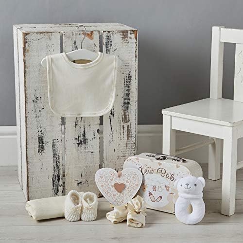 Newborn Unisex Baby Gift Set - Hand Packed into Small Cream Hamper Keepsake Box Styled as a Case Includes Soft Toy Rattle, Baby Clothes and More