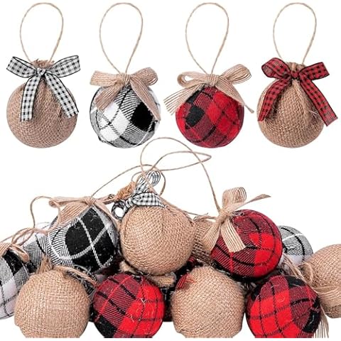 Deloky 16 Pcs Buffalo Plaid Fabric Ball- 2 Inch Christmas Fabric Wrapped Burlap Balls- Rustic Ball Ornaments with Bow for Christmas Tree Party Decoration Supplies Cover