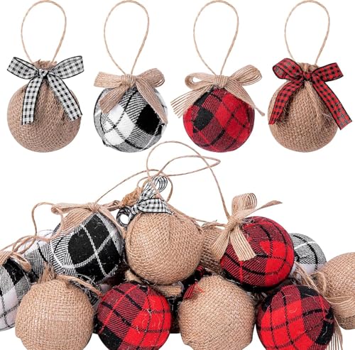 Deloky 16 Pcs Buffalo Plaid Fabric Ball 2 Inch Christmas Fabric Wrapped Burlap Balls Rustic Ball Ornaments with Bow for Christmas Tree Party Decoration Supplies