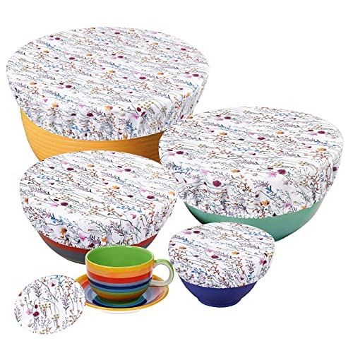 5 STK Abdeckhauben für Lebensmittel Wiederverwendbare, aus Stoff, Topfhauben mit Gummizug, Dehnbare Deckel Wasserdichtes Gewebe dehnte Abdeckungen für Glassalat-Schüssel, Topf, Trockenblumenmuster