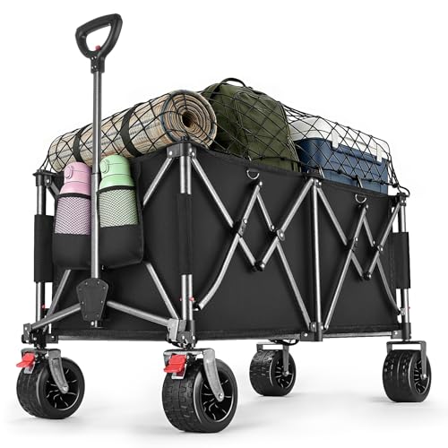 YEAUPE PRO Carro Playa Plegable Todo Terreno – con Frenos Dobles, Ruedas Anchas y Estructura Reforzada, Gran Capacidad (260L/150kg), Mango Ajustable, Playa, Camping, Negro