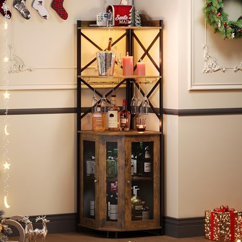 JKsmart Corner Bar Cabinet with LED Lights, 5-Tier Industrial Win...