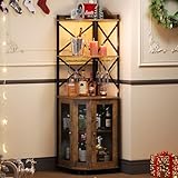 JKsmart Corner Bar Cabinet with LED Lights, 5-Tier Industrial Wine Bar Cabinet with Glass Holder, Farmhouse Liquor Cabinets with Shelf and Door, Home Bar for Coffee Bars, Rustic Brown
