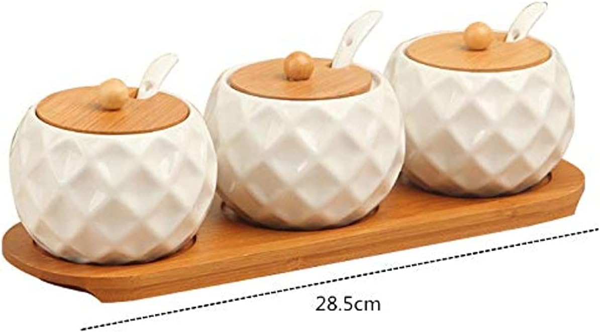 Porcelain Spice Pot Perfume Pot with Cover Bamboo Cap Holder Spot Ceramic Spice Pot Set, Food Spoon Wooden Tray with 3 Bottles,