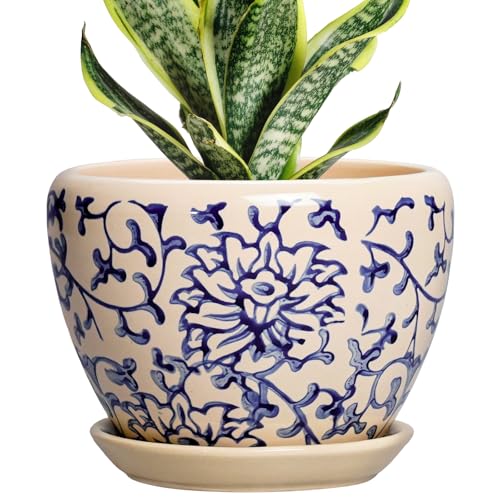 Thirtypot 6 Inch Plant Pot - Ceramic Planters for Succulent Snake Plants, Round Pots for Plants with Drainage Hole and Saucer, Indoor Flower Pots, Living Room Decor, Gardening Gifts, Retro Blue