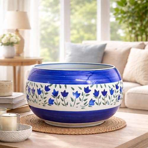Image of Niyara Ceramic Flower Pot with Blue Floral Design | Decorative Indoor Planter for Home & Living Room | Handcrafted Round Plant Pot | Ideal for Tabletop & Balcony Decor (Large)
