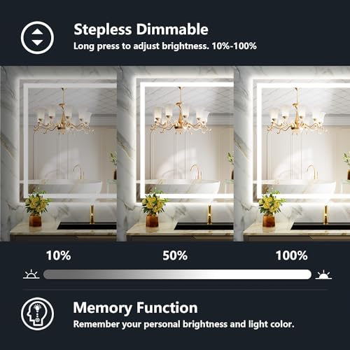 Image of 44x32 Inch LED Bathroom Mirror with Lights Front and Backlit Lighted Vanity Mirror for Bathroom Wall with 3 Colors Dimmable Anti-Fog Memory Shatter-Proof IP54 Waterproof Horizontal /Vertical
