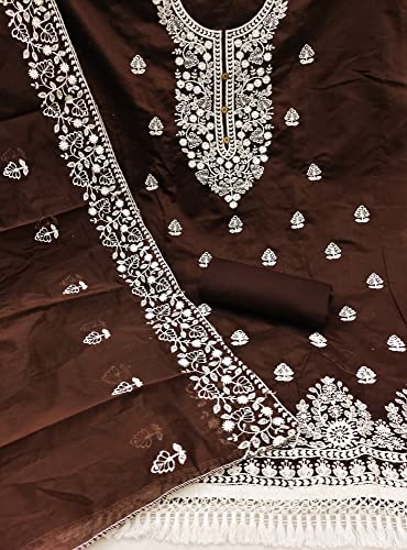 سيدهداتا فستان بدلة سلوار مطرز من القطن الثقيل غير مخيط للنساء مع وشاح دوباتا عمل شانديري (مقاس واحد)، لون بني، مقاس واحد