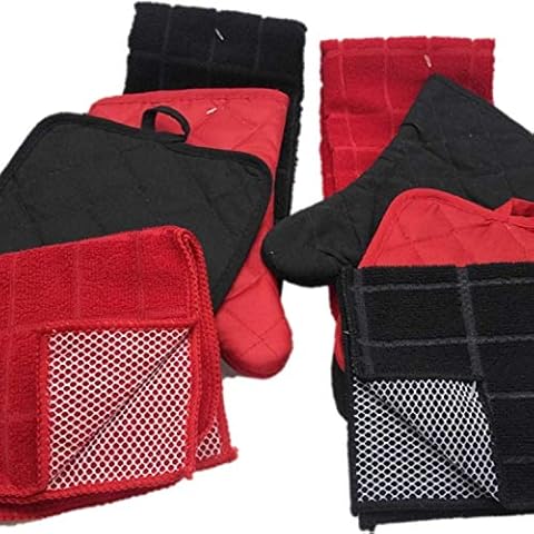 Towel Linen Set - Kitchen Decor (8 Pc) Bold Red and Black Color Combination That Pops - Kitchen Towel Potholder Scrubber Dishcloth Oven Mitt Set - Kitchen Decorations Cover