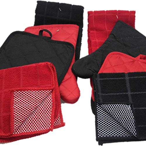 Linen Towel Set - Bold Red & Black Color Combination - 8 Pc Set Including Towel, Potholder, Scrubber, Dishcloth & Oven Mitt - Kitchen Decor