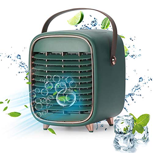 Portable Air Conditioner Fan, Rechargeable Personal Evaporative Cordless Air Cooler Battery Powered Desk Fan with Handle, Desk Misting Fan with 3 Speeds for Small Room Office Dorm and Outdoor(Green)