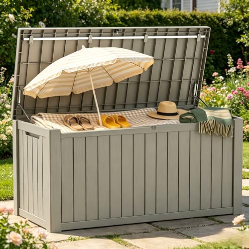 Image of 151 Gallon Resin Deck Box with Lockable Lid - Heavy-Duty Outdoor Storage for Patio Furniture, Garden Tools, Pool Accessories, BBQ Supplies - All-Weather Wood Grain Design