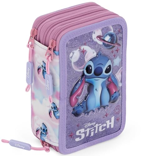 3-Fach Federmäppchen Mädchen Gefüllt für Stitch Fan Schulmäppchen Set 46 Teile mit Radierbaren Stiften Filzstiften Buntstiften ideal für Schule & als Geschenk