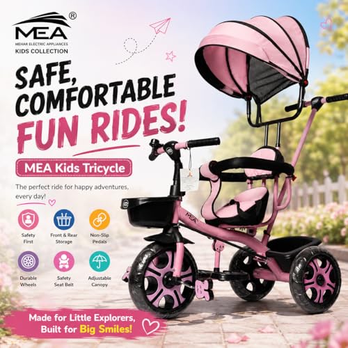 Image of MEA Kids Tricycle with Adjustable Canopy & Parent Push Handle | Safe Baby Trike with Safety Guard Rail, Comfortable Seat & Storage Basket | Play Ride-On Tricycle for Toddlers Boys & Girls - Pink