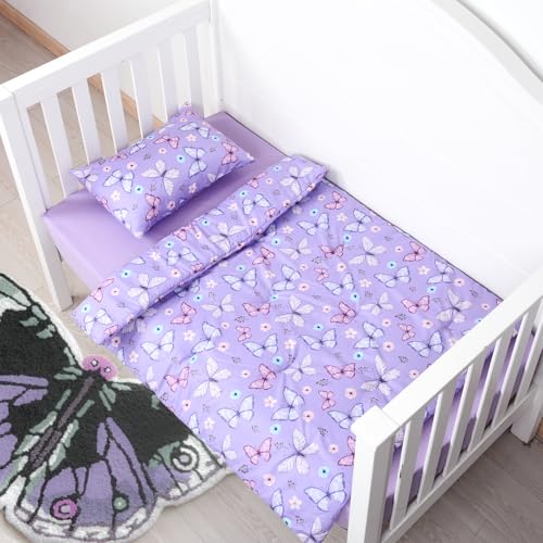 Image of JISEN 3 Piece Crib Bedding Set Soft Baby Crib Bedding Set Butterfly Crib Comforter Set - Comforter Sheet Pillowcase Nursery Bedding Sets for Baby Girls or Boys Purple