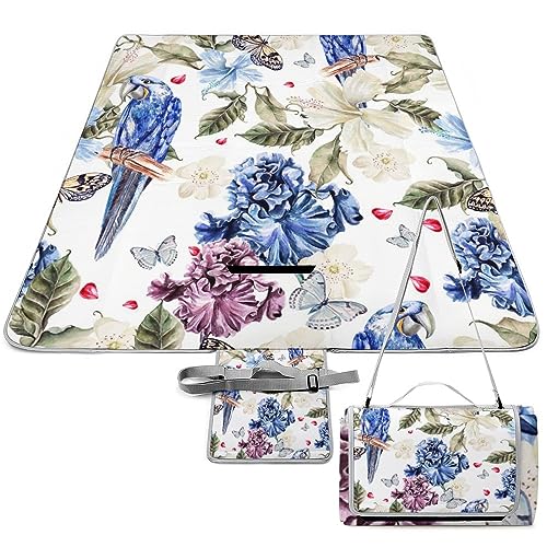 Tropical-Flowers-Parrot Picnic Blanket Waterproof Foldable, Large Outdoor Picnic Blanket Beach Blankets Camping Blanket Travel Mat, Shoulder Strap Tote, Rectangle 58x58in