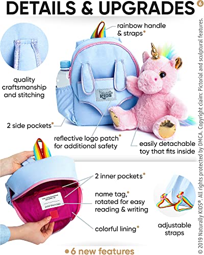 Naturally KIDS Small Unicorn Backpack - 3-4 Year Old Girl Gifts - Toddler Backpack for Girls Boy w Stuffed Animal - Toys for 3 Year Old Girls - w Pockets & Reflective Logo - Backpack w Pink Unicorn - Image 6