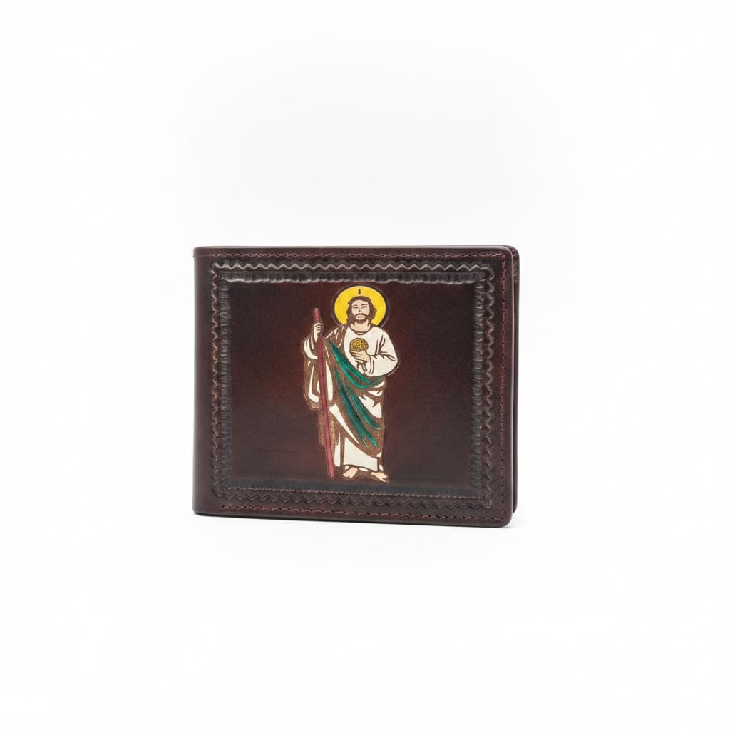 Cartera plegable de cuero occidental para hombre, piel auténtica con diseño de vaquero en relieve, gallo o San Judas, carteras delgadas de vaquero para hombre, Café, Cartera occidental