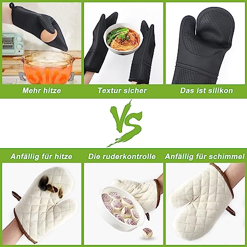 Ofenhandschuhe Hitzebestaendig bis 300°C, 2er Set Topflappen Handschuh mit Silikon-Beschichtung, Perfekt für die Küche, zum Grillen, Kochen, Backen, und BBQ Cooking Set Baking