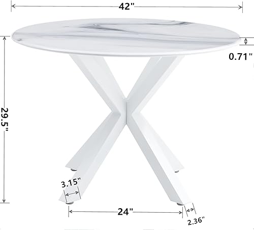 Miniatura 3 de Mesa redonda de mármol sintético blanco de 42 pulgadas para 4-6 personas, mesa moderna en forma de X de mediados de siglo para comedor, cocina, sala
