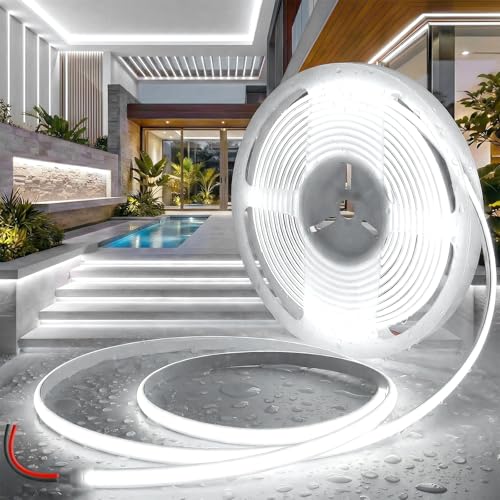 BRIMETI Ruban LED COB 5M 12V Bande LED Blanc 6000K Extérieur Flexible Etanche IP65 Imperméable 180LEDs/M Recoupable Bandeau Autocollant Intérieure pour Cuisine Chambre Maison (Sans Alimentation)