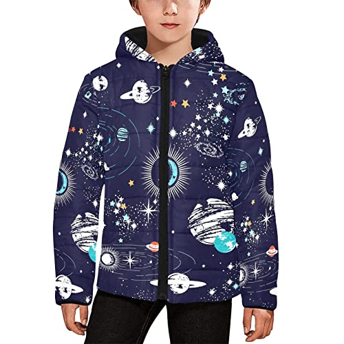 Artsadd Solar System Kids Thermal Coat, Boys Padded Hood Windbreaker Outfits Winter Quilted Down Jacket Fleece Sports School Navy M #TOP1