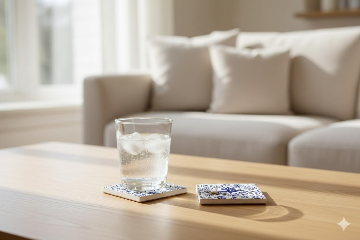 Ceramic Coasters Set of 4 with Holder, Absorbent Stone Drink Coasters for Coffee Table Bar Kitchen, Coffee Bar Accessories, Living Room Kitchen Decor, Protects Countertops (Vintage Azul Tile)