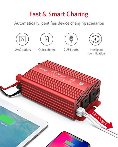 BESTEK 300Watt Pure Sine Wave Power Inverter DC 12V to AC 110V Car Plug Inverter Adapter Power Converter with 4.2A Dual USB Charging Ports and 2 AC Outlets Car Charger, ETL Listed