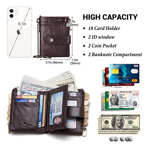 gzcz Chain Wallets for Men with Zipper Genuine Leather Bifold Rfid Blocking Card Holder Coin Pocket Wallet — view 2
