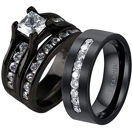ringheart 2 Rings His and Hers Cz Couple Rings Black Plated Womens Wedding Ring Sets Titanium Steel Mens Ring Wedding Bands