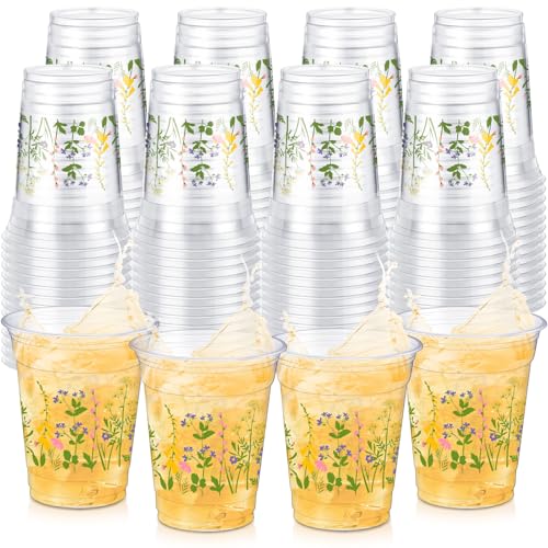 Jingmore 100 Pcs Floral Disposable Cups Bulk 12 oz Wildflower Party Cups Flower Clear Plastic Cup Cold Beverage Drinking Container for Spring Summer Party Wedding Baby Shower Birthday Supplies