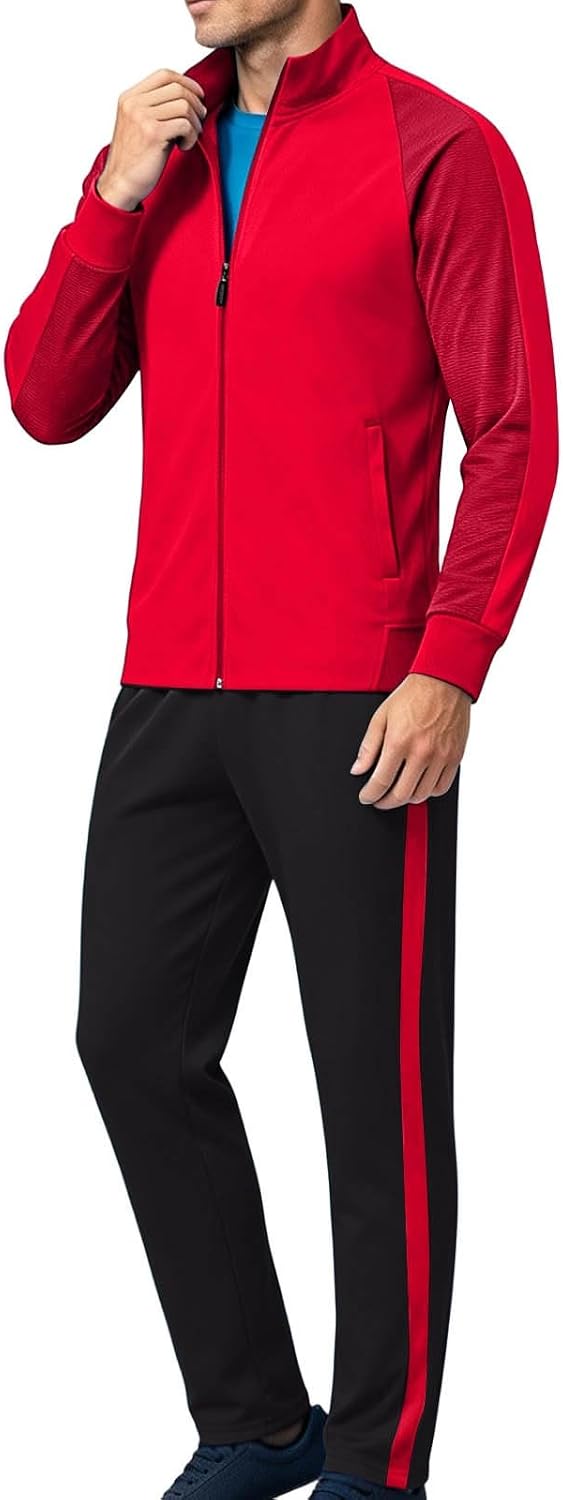 Men's Retro Track Suit Full Zip Jacket Stripe 2 Piece Tracksuit