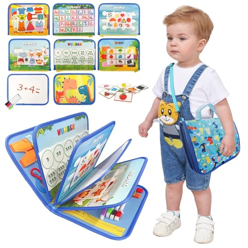 Image of TUNJILOOL Busy Board Montessori Toys for Kids Toddler, 10 in 1 Activity Sensory Board Learning Toys for Learning & Education Toys Travel for Boys Girls (Light Blue-4Page with Sling)
