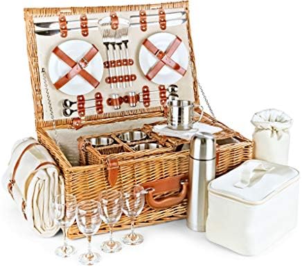 VonShef Picnic Basket, 4 Person Luxury Wicker Picnic Hamper, Includes ...