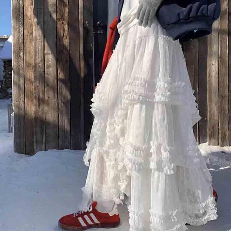 Women's Sweet Mesh Cake Skirt Splicing Versatile Irregular Long Skirt Half Body Skirt2