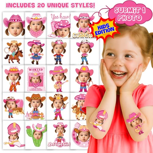 Image of Custom Cowgirl Temporary Tattoos for Kids | Personalized Pre-Cut Face Photo, Birthday Party Favors for Girls, Set of 20, Unique Celebration Gifts